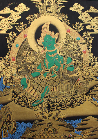 Green Tara Thangka Painting with Red Border
