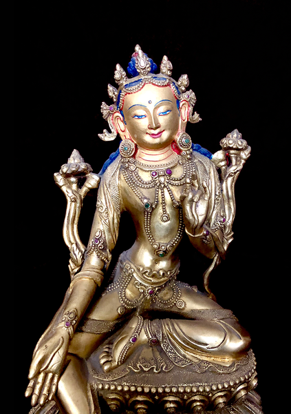 Exclusive Face Painted Fully Gold Plated Green Tara Statue 7"