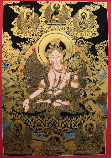 White Tara Thangka with Red Border 59x41 CM