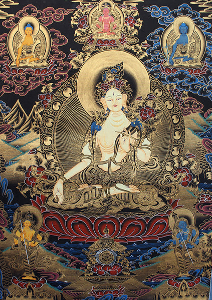 White Tara Thangka Painting with Blue Border 69x54 CM