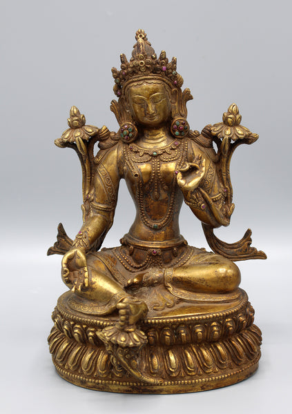 15" High Intricately Carved Majestic Statue of Green Tara