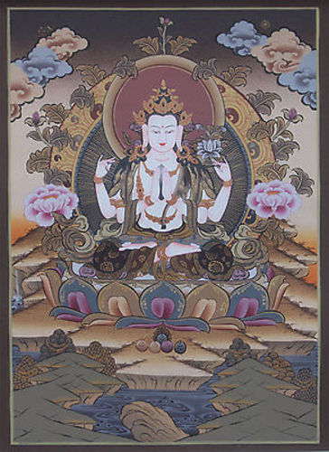 Tibetan Thangka painting of Four Arms Chenrezig