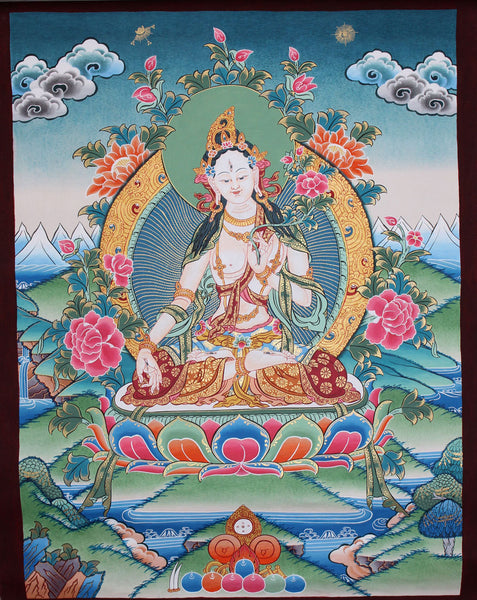 Beautiful Hand Painted Thangka of White Tara