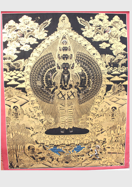 Tibetan Avalokiteshvara Gold Toned Thanka Paintings