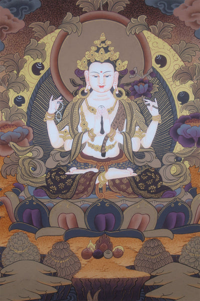 Majestic Handpainted Chenrezig Thangka Painting
