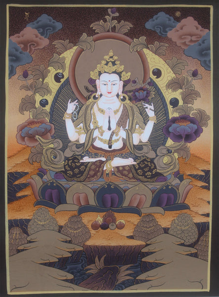 Majestic Handpainted Chenrezig Thangka Painting