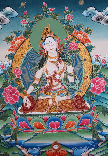 Beautiful Hand Painted Thangka of White Tara