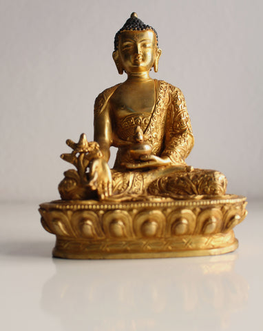 Flower Carved Gold Plated Menla Statue