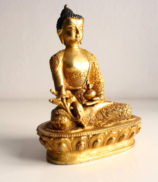 Flower Carved Gold Plated Menla Statue