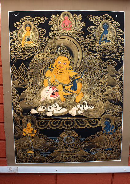 Black Jambala with Deities Thangka Painting