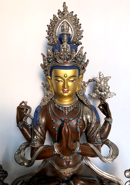 Marvelous Silver Motifs Face Painted Copper Avalokitesvara Statue
