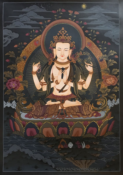 Chenrezig Black Canvas Thangka 55x40cm-NTH64