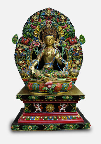Magnificient Green Tara Gold Painted Statue on Wooden Throne 27.5"