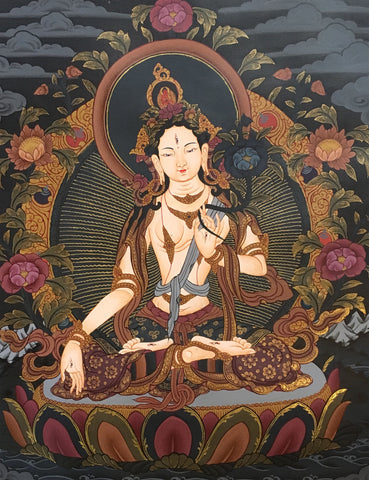 White Tara Thangka on a Black Canvas 55x40cm NTH61
