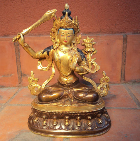 Partly Gold Plated Manjushri Statue 9 inch