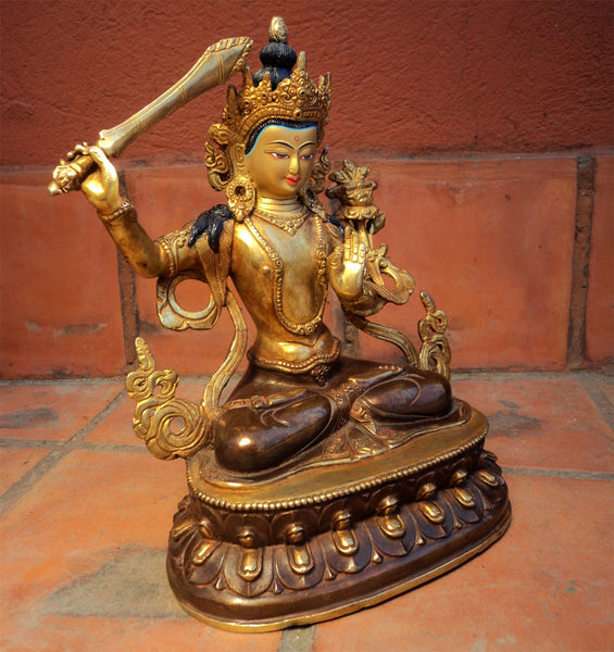 Partly Gold Plated Manjushri Statue 9 inch