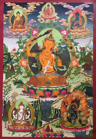 Manjushri Thangka with Buddha and Bodhisattvas 82x58cms-NTH76