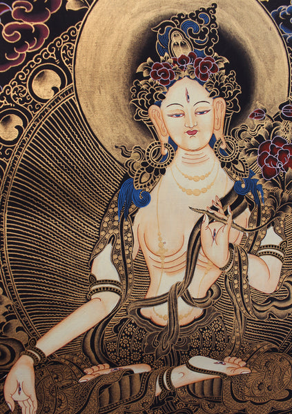 White Tara Thangka Painting with Blue Border 69x54 CM