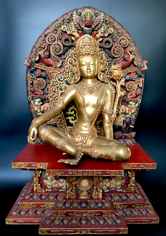 Masterpiece 24K Gold Gilded Copper Indra Dev Statue Seated on Wooden Throne 27.5"