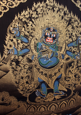 Black Mahankal Deity Gold Tonned Thangka Painting