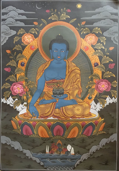 Healing Buddha Black Canvas Thangka Painting 55x40cm-NTH62