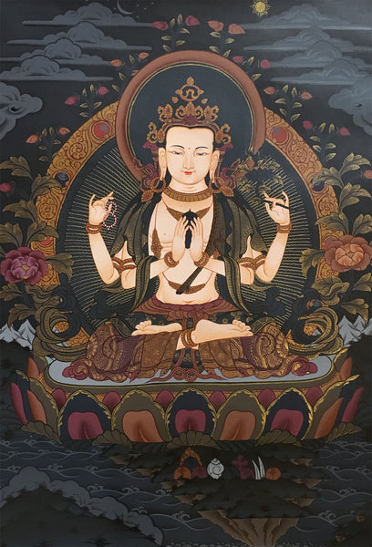 Chenrezig Black Canvas Thangka 55x40cm-NTH64