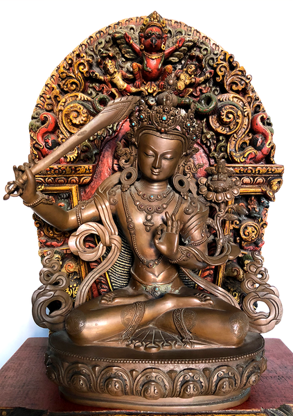 High Quality 16.5"High Manjushree Statue Seated on Wooden Throne