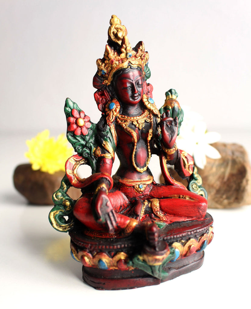 Resin Statue of Green Tara with Red Patina