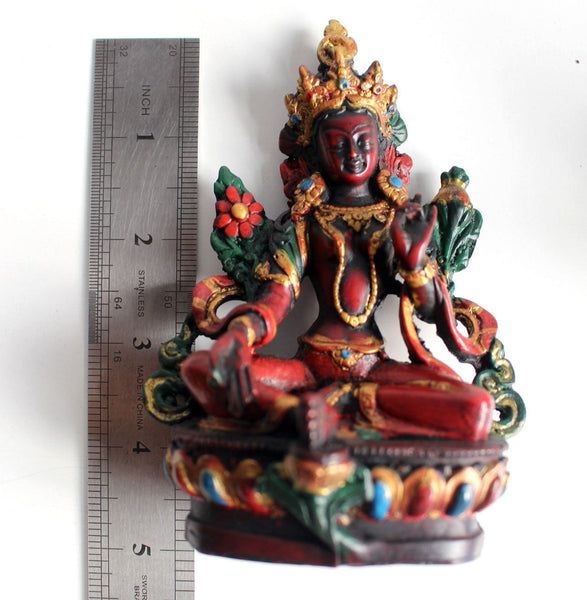 Resin Statue of Green Tara with Red Patina