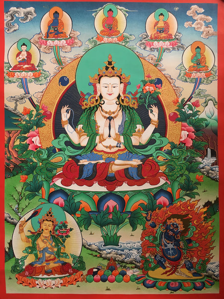 Chenrezig Thangka with Pancha Buddha 68x50cm