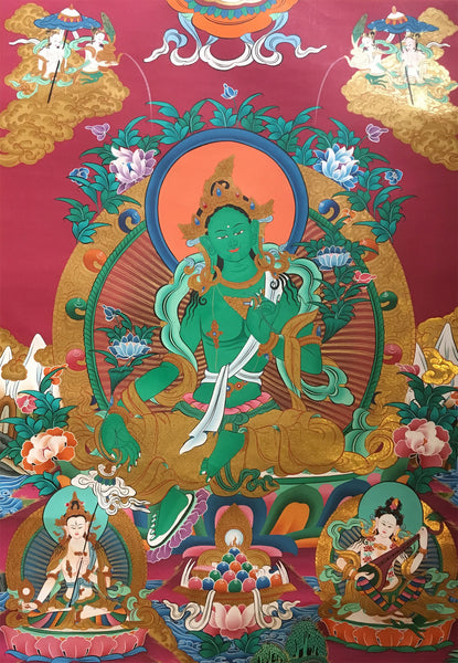 Green Tara Masterpiece Red Canvas Thangka