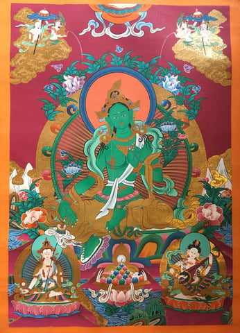 Green Tara Masterpiece Red Canvas Thangka