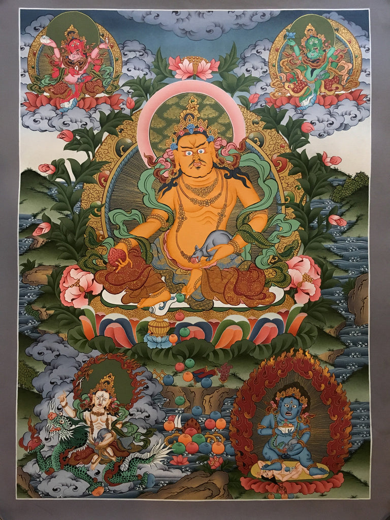 Thangka of Zambala with Shaktis and Bodhisattvas