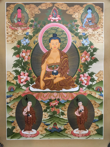 Shakyamuni Thangka with Two Dhyani Buddhas and Dharmapalas