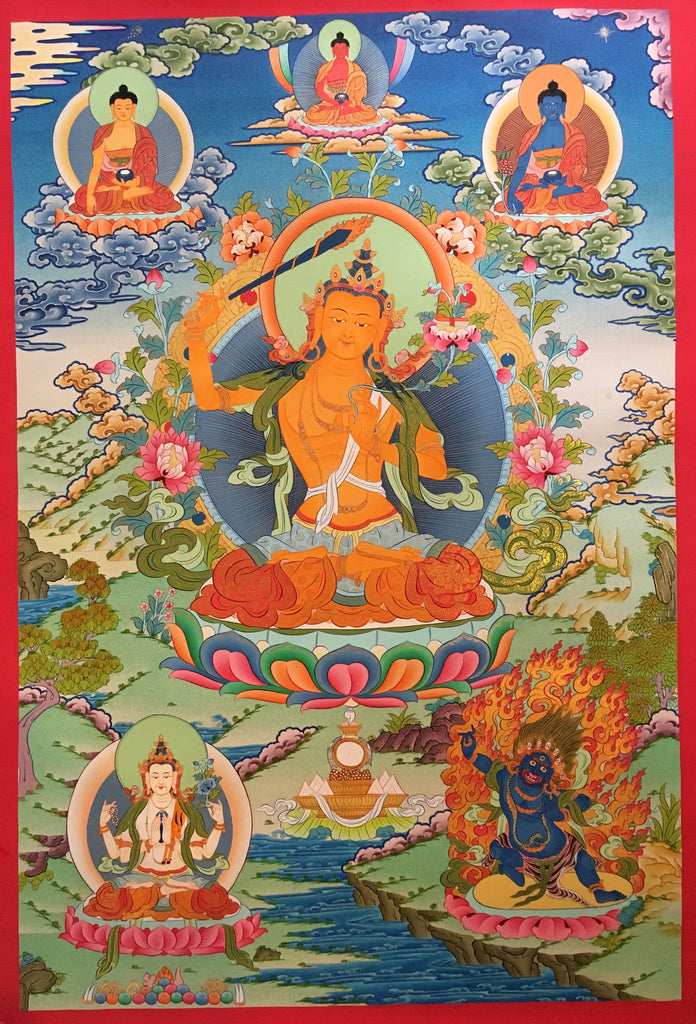 Manjushri thangka with Three Dhyani Buddhas and Bodhisattvas