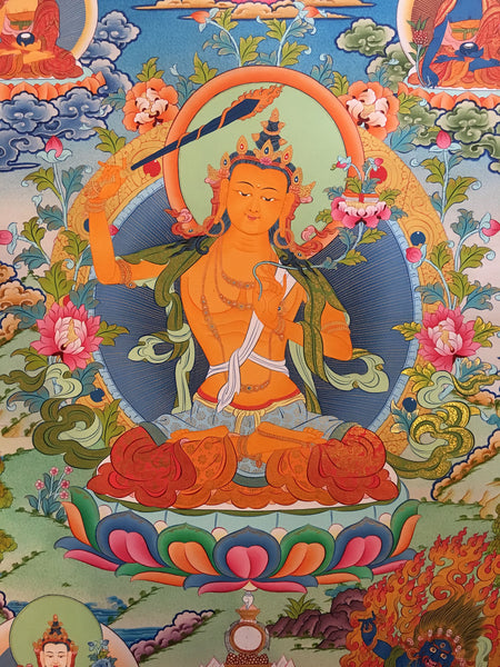 Manjushri thangka with Three Dhyani Buddhas and Bodhisattvas