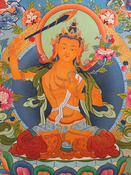 Manjushri thangka with Three Dhyani Buddhas and Bodhisattvas
