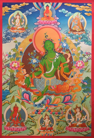 Thangka of Green Tara with Buddhas and Bodhisattvas