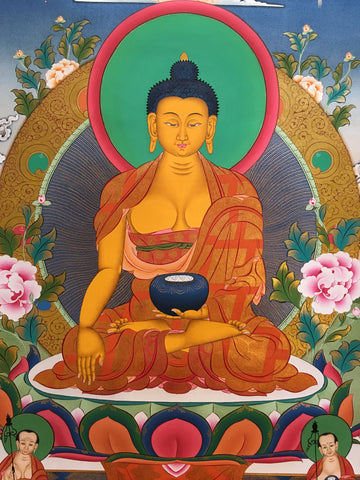 Thangka of Shakyamuni Buddha on a lion throne