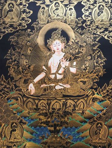 White Tara with Pancha Buddha Golden Thangka