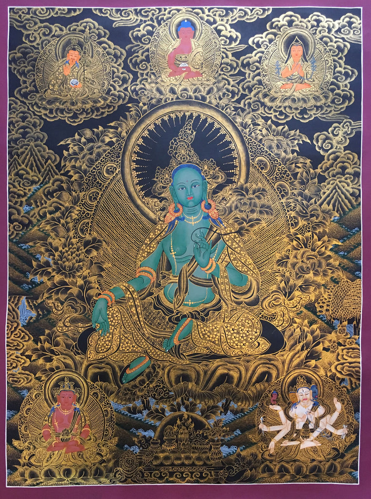 Green Tara with Pancha Buddha Golden Thangka