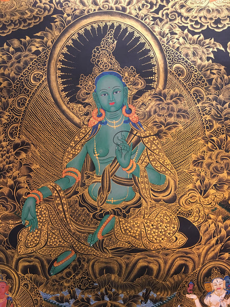Green Tara with Pancha Buddha Golden Thangka