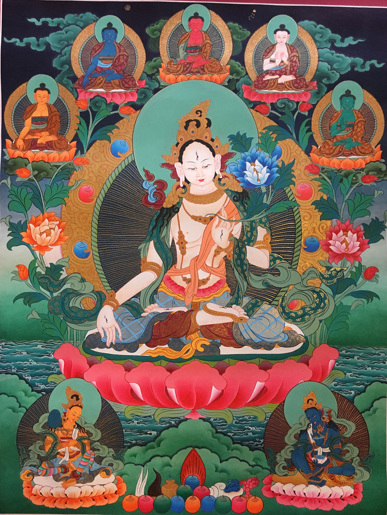 Mystical White Tara Thangka Painting with Panch Buddha