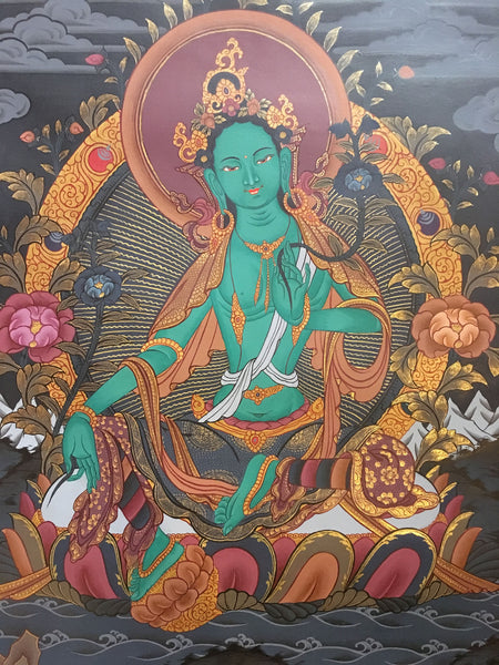 Green Tara Black Canvas Thangka