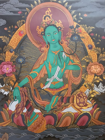 Green Tara Black Canvas Thangka