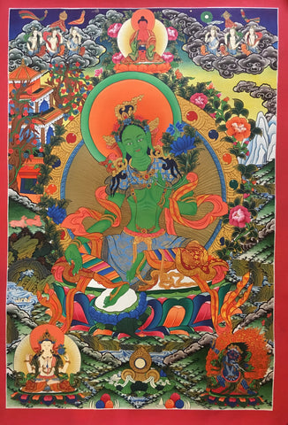 Green Tara Thangka with Amitabha Buddha and Bodhisattvas