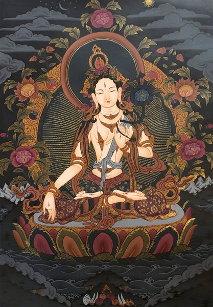 White Tara Thangka on a Black Canvas