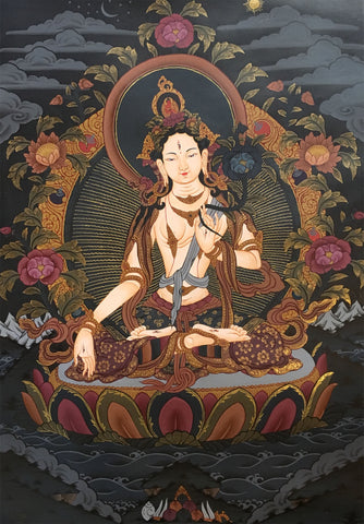 White Tara Thangka on a Black Canvas