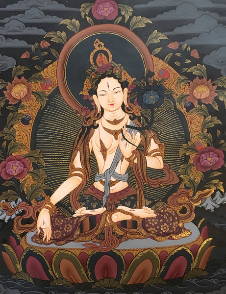 White Tara Thangka on a Black Canvas