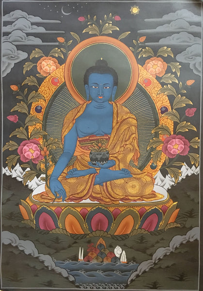 Healing Buddha Black Canvas Thangka Painting